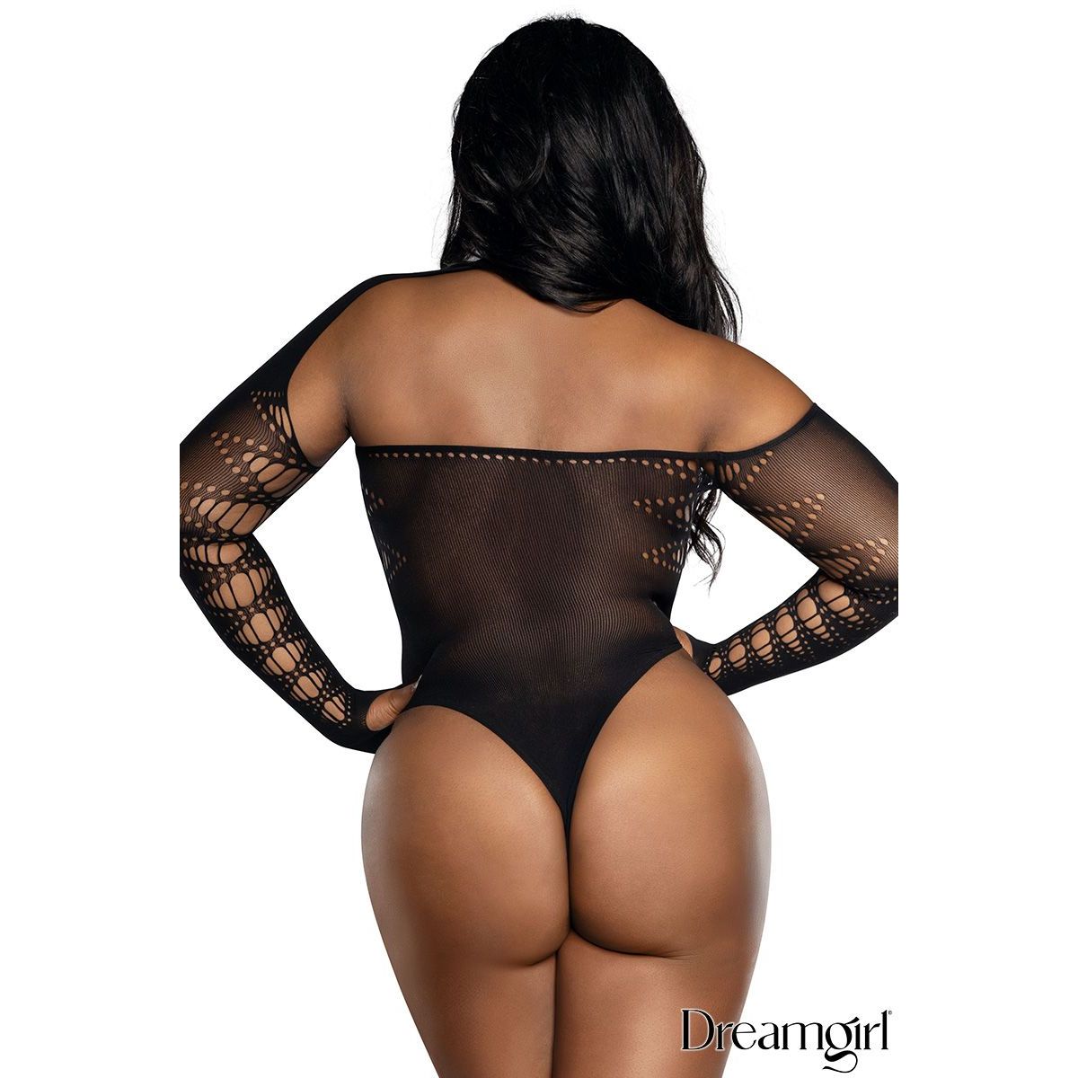 Black sheer bodysuit worn by a model on a white background, with 'Dreamgirl' branding.