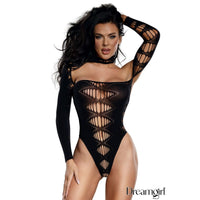 Black lace bodysuit worn by a model on a white background with 'Dreamgirl' branding.