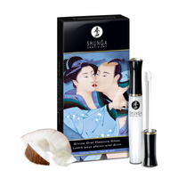 a coconut, lip gloss, and product packaging