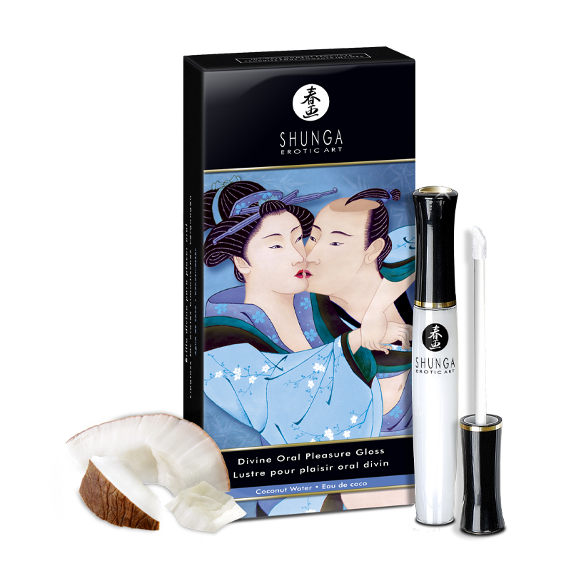 a coconut, lip gloss, and product packaging