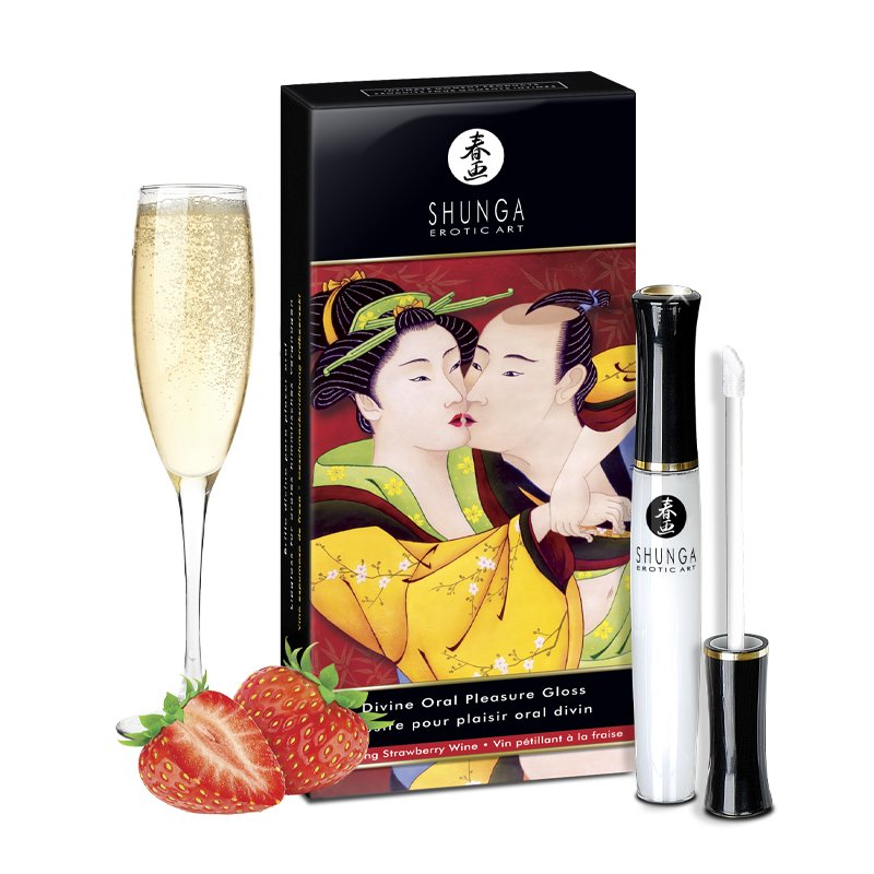 lip gloss, strawberries, wine glass and box packaging
