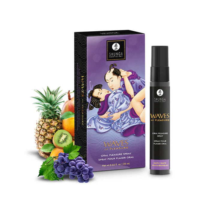 Shunga product packaging with 'Waves of Pleasure' spray and fruit on a white background
