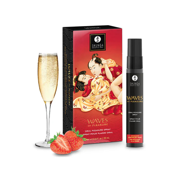 Shunga product packaging with a glass of champagne, strawberries, and a bottle on a white background