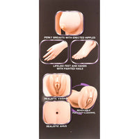 Product packaging with images of breasts, feet, hands, vagina, and anus on a black background.