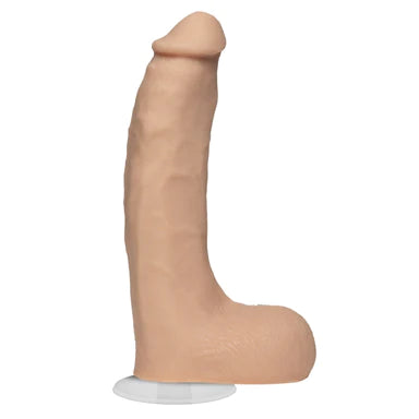 a beige realistic penis shaped dildo with balls and a removable suction cup base