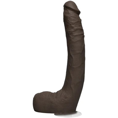 a large black realistic penis shaped dildo with balls and a removable suction cup base