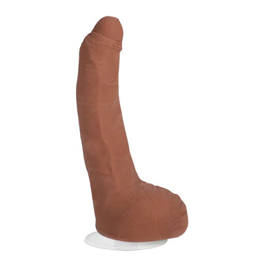 a brown realistic penis shaped dildo with balls and a removable suction cup base