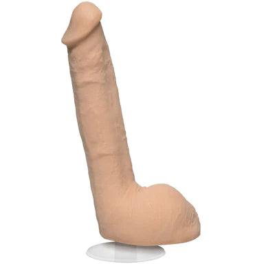 a beige realistic penis shaped dildo with balls and a removable suction cup base