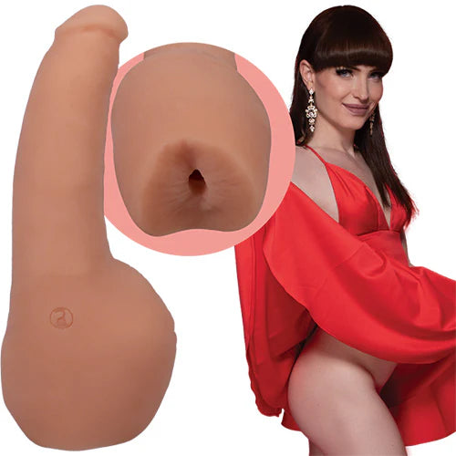 Woman in a red dress with a close-up of a silicone penis & butt Masturbator on a white background