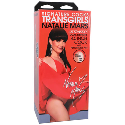 Product packaging with a woman's face and text on a red background