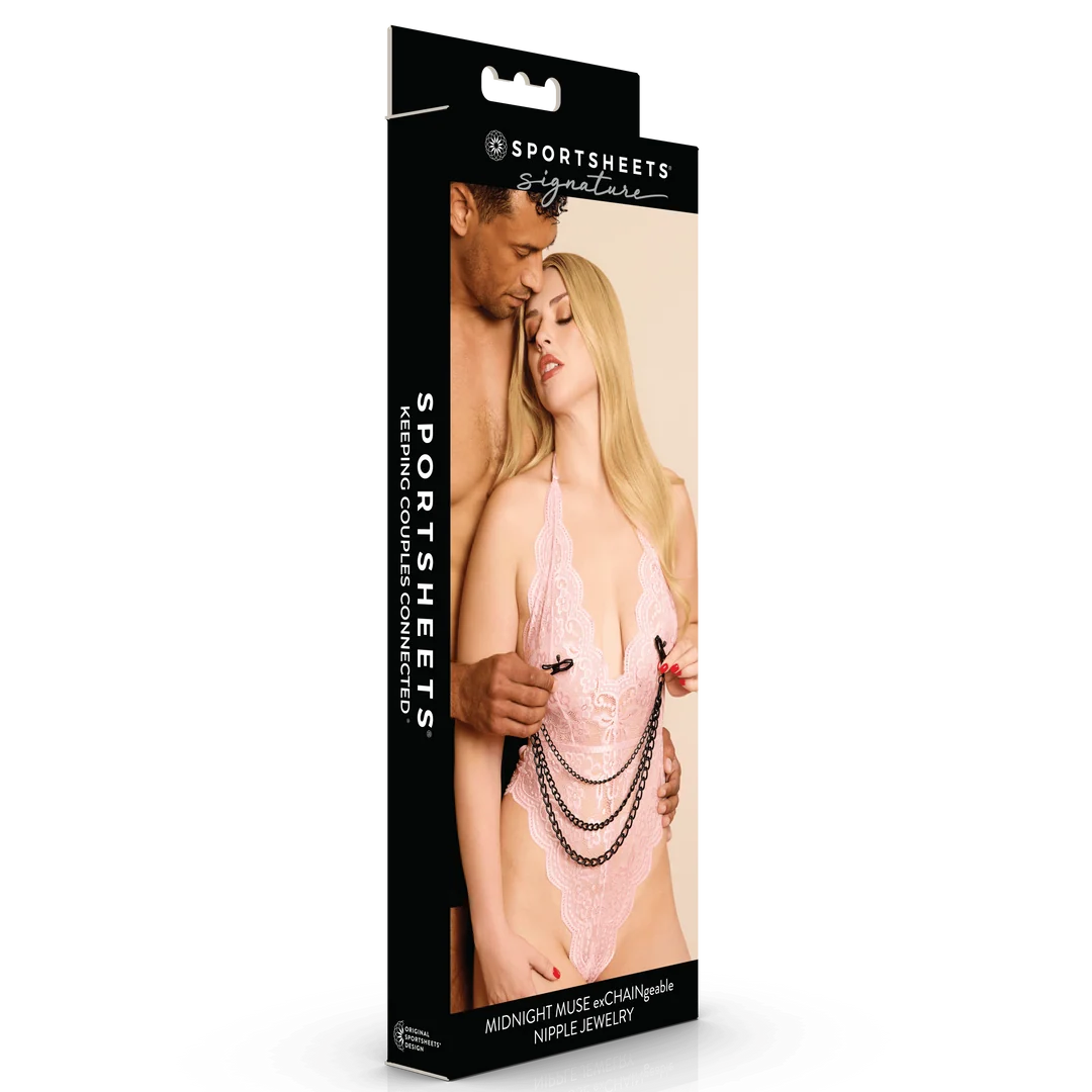 a man and woman on box package using a pair of nipple clamps with chain