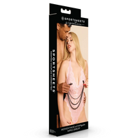 a man and woman on box package using a pair of nipple clamps with chain