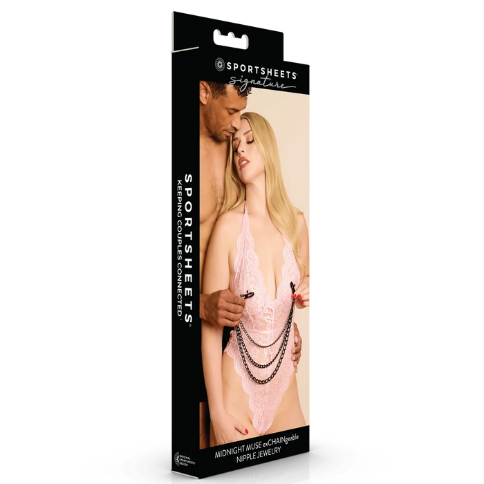 a man and woman on box package using a pair of nipple clamps with chain