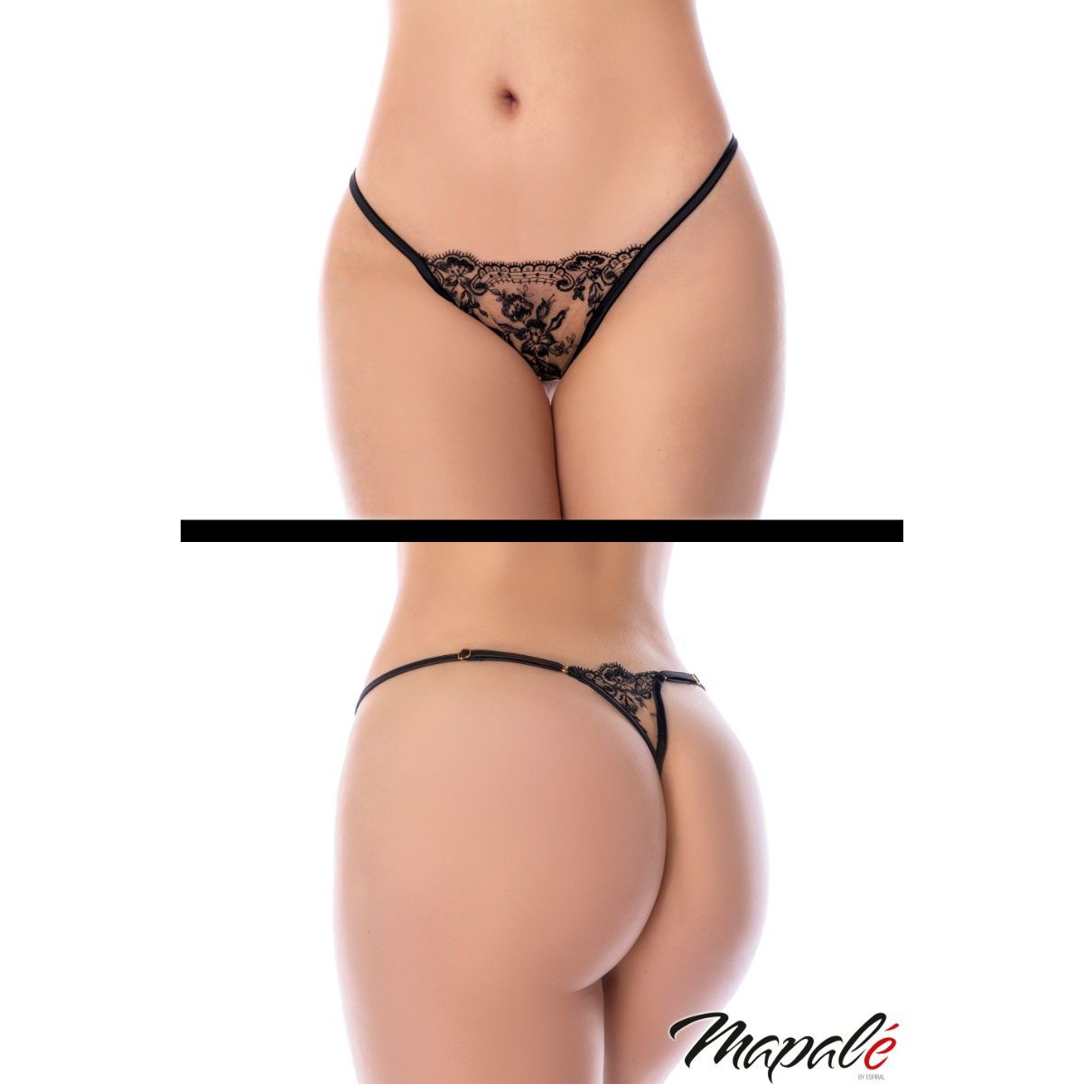 Black lace thong on a white background with 'Mapale' branding.
