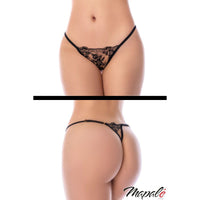 Black lace thong on a white background with 'Mapale' branding.