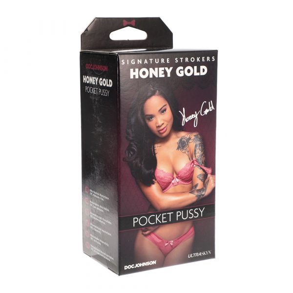 adult film star honey gold in pink bra & panty set on box packaging