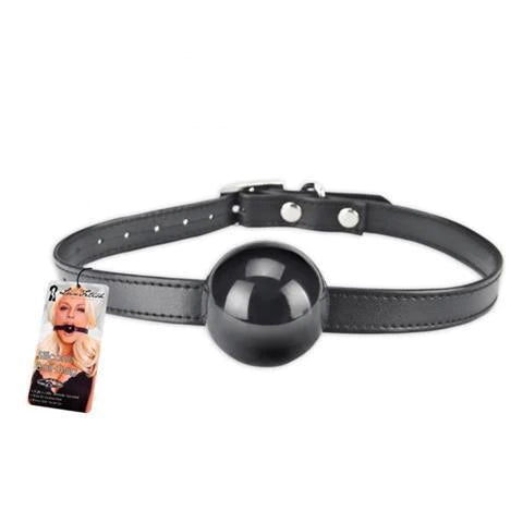 a black ball gag with black straps and silver fasteners