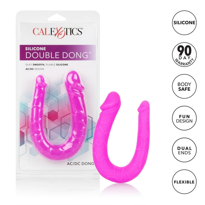 pink silicone u shaped double dong next to package