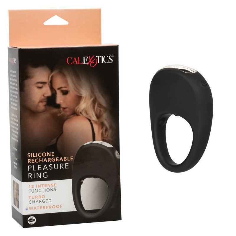 black silicone vibrating rechargeable cock ring beside packaging