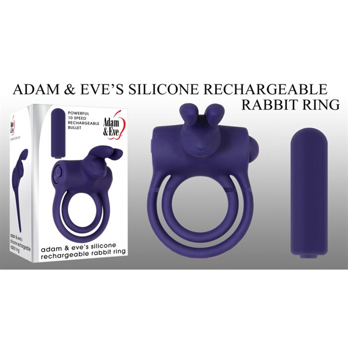 navy silicone rechargeable double cock ring with rabbit clitoral stimulator with navy bullet on 1 side and adam & eve box on the other side