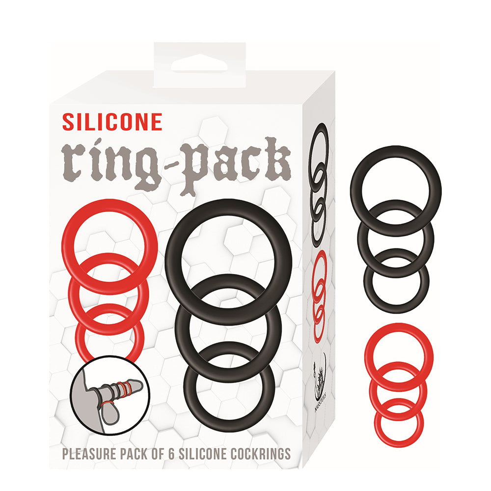 NassToys Silicone Ring-Pack featuring six stretchy silicone cock rings in three sizes, with three black and three red rings.