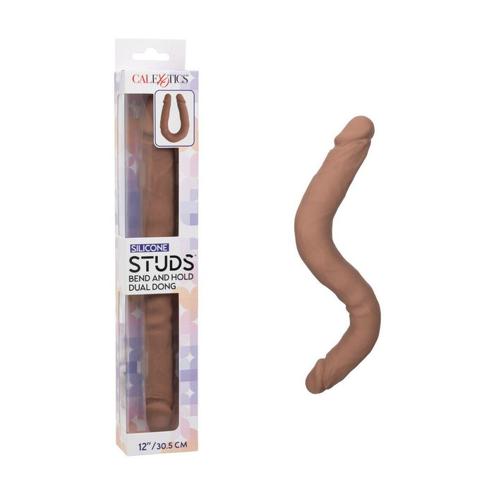 Silicone dual dong with packaging on a white background