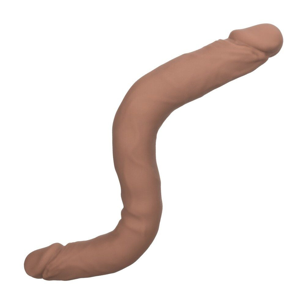 Beige silicone double dildo on a white background