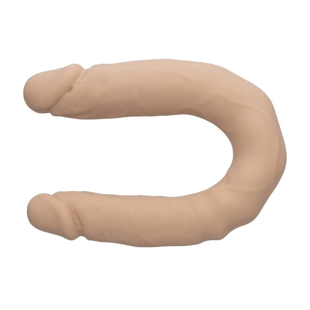 Beige silicone double dildo on a white background
