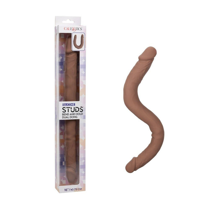 studs 16" double dildo in brown with packaging on a white back ground