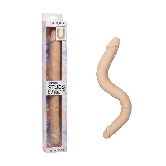 Beige silicone double dildo with packaging labeled 'Calexotics' on a white background
