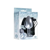 Silver Starter product packaging with a silver anal plug and black pouch on a white background