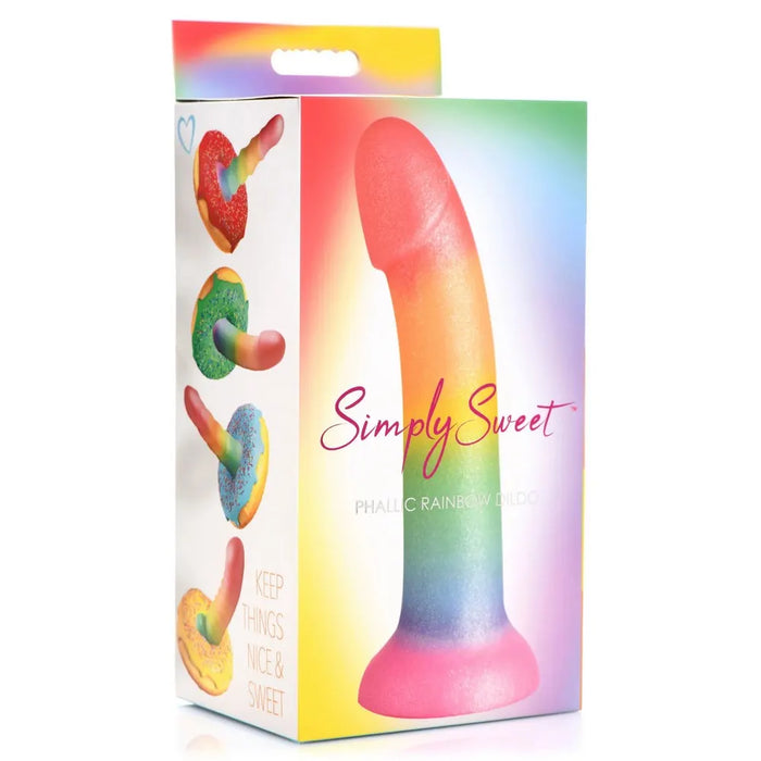 Package of a colorful dildo with 'Simply Sweet' branding on a white background