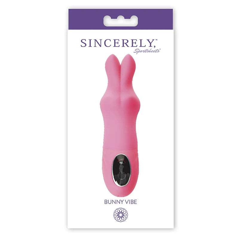 a white display box depicting a pink bunny head shaped vibrator with black oval function buttons
