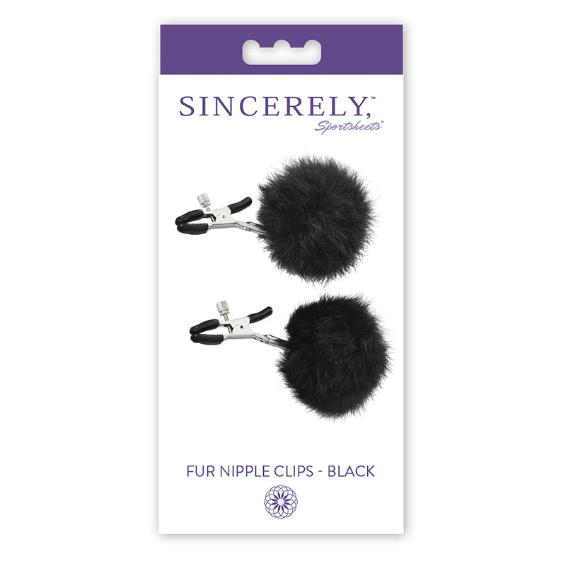 white and purple box with picture of adjustable nipple clips with black fur pom pom