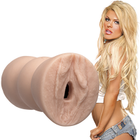 blonde female in white tank top & denim shorts with vagina masturbator