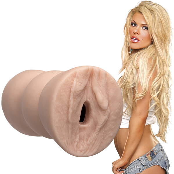 blonde female in white tank top & denim shorts with vagina masturbator