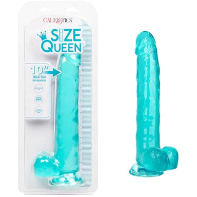 a blue detailed penis shaped dildo with balls and a suction cup, shown next to its plastic packaging