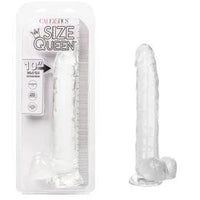 a clear detailed penis shaped dildo with balls and a suction cup, shown next to its plastic packaging