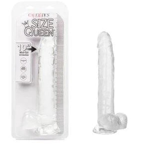 a clear detailed penis shaped dildo with balls and a suction cup, shown next to its plastic packaging