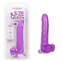 a purple detailed penis shaped dildo with balls and a suction cup, shown next to its plastic packaging