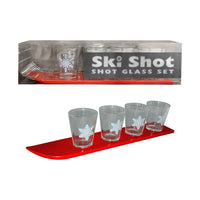 Ski Shot shot glass set with red tray and snowflake design on a white background