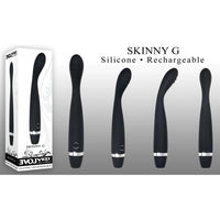 4 rotated views of a black slim g spot vibrator with a ridged tip shown next to its angled white display box