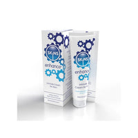 white tube with blue on it containing skins enhance intimate cream next to white and blue box