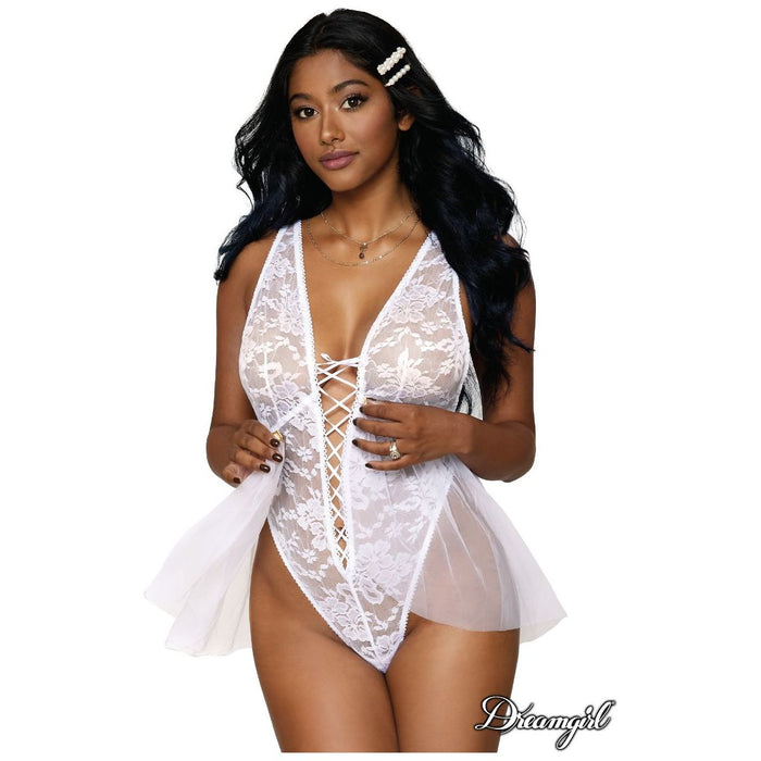 female in lace teddy with wrap around short shirt with criss cross down center