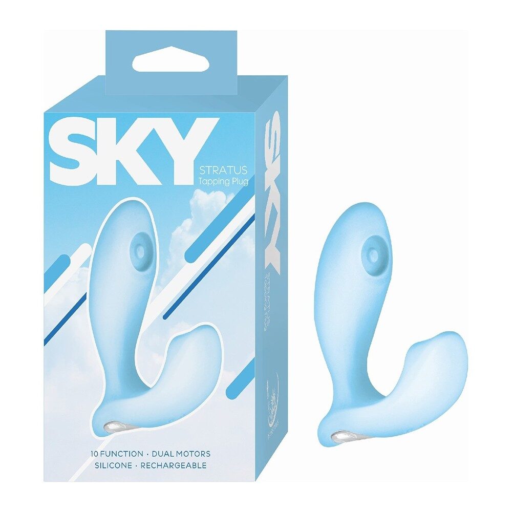 Blue silicone stratus thumping anal plug with packaging labeled 'SKY' on a white background