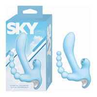 Blue silicone cirrus three way vibrator with 'SKY' branding on packaging