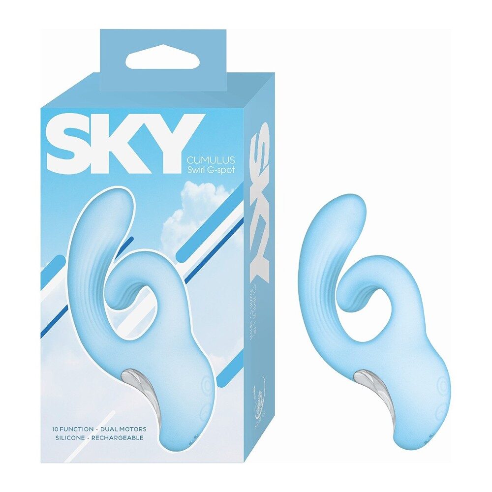 Blue silicone cumulus swirl g spot vibrator with 'SKY' packaging on a white background