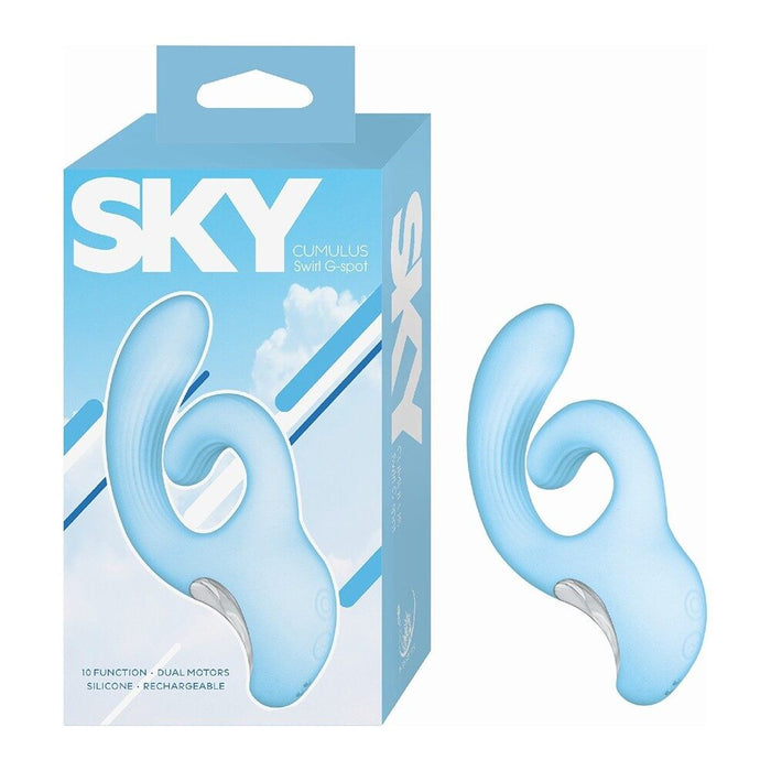 Blue silicone cumulus swirl g spot vibrator with 'SKY' packaging on a white background