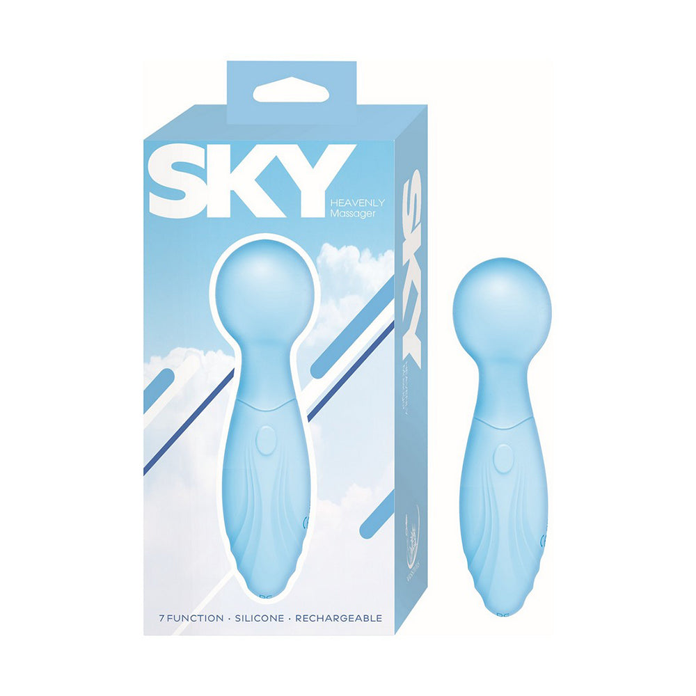Blue silicone heavenly massager with packaging labeled 'SKY' on a white background