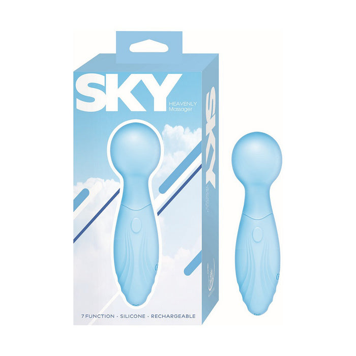 Blue silicone heavenly massager with packaging labeled 'SKY' on a white background